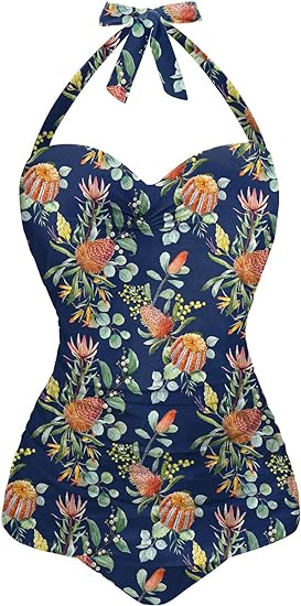 Photo 1 of Angerella Vintage Halter Swimsuit Monokini One Piece Swimwear Bathing Suits   BLUE SMALL
