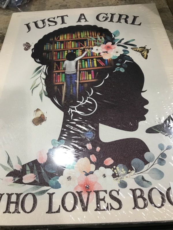 Photo 2 of Books Wall Art Just a Girl Who Loves Books Canvas Painting Prints for Home Wall Decor Framed Reading Artwork Book Lover Gifts for Black Women Girls (12x15 Inch)