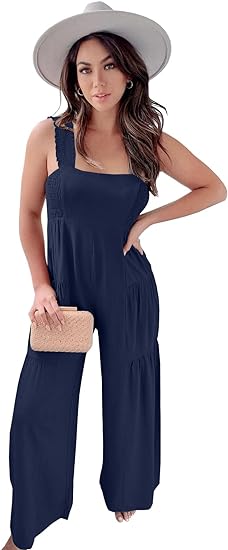 Photo 1 of Bigeoosh Womens Casual Sleeveless Jumpsuits Smocked Side Bodice Panels Multi-Tier Long Pant Romper Jumpsuit   SIZE LARGE
