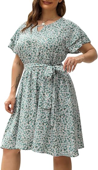 Photo 1 of Celkuser Womens Plus Size Short Sleeve V Neck Summer Boho Casual A-Line Floral Midi Dress with Pockets
SIZE 24