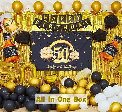 Photo 1 of 50th Birthday Party Decorations to 50 Years Old Party Supplies for Men with Balloons Garland kit, 50th Birthday Backdrop, Happy Birthday Banner, Foil Balloons and Curtains
