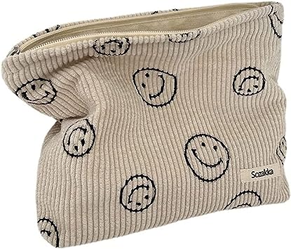 Photo 1 of Longnavigator Cosmetic Bag for Women Corduroy Cosmetic Bag Smiley Face Makeup Bag Travel cosmetic bag Women's handbag wallet Storage cosmetic bag(Beige Smile)
