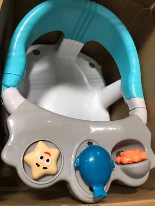 Photo 2 of Baby Bath Seat - 2 Rotating Toys + 1 Pressing Toy - Ergonomic Backrest - Side Opening Design - 4 Powerful Non-Slip Suction Cups - Ideal Gift for Infant 6-36 Months (White)