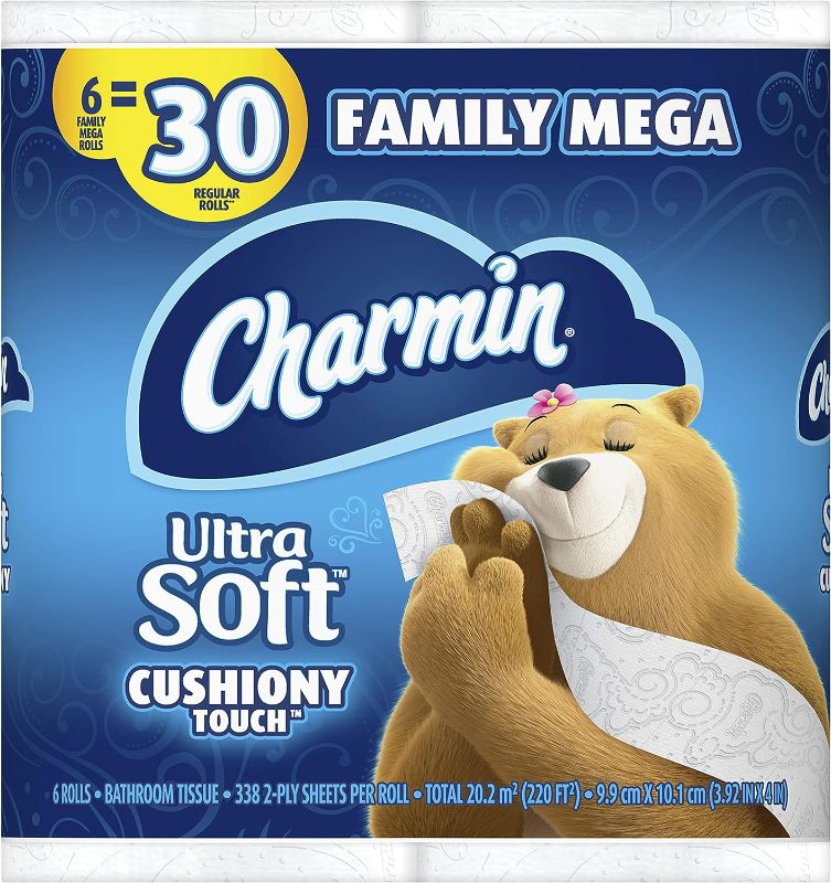 Photo 1 of 
Charmin Ultra Soft Cushiony Touch Toilet Paper, 6 Family Mega Rolls = 30 Regular Rolls (Prime Pantry)
Size:Mega