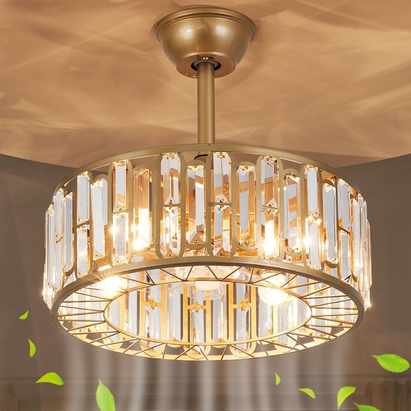 Photo 1 of 18" Crystal Caged Ceiling Fan with Lights and Remote, Modern Crystal Fandelier Gold Ceiling Fan with Light and Reversible Motor, Chandelier Ceiling Fan for Bedroom, Living Room, 52cm
