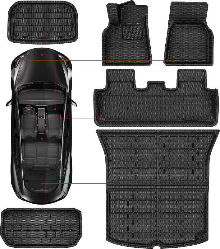 Photo 2 of 
AUTOSAVER88 6 PCS Floor Mats Set for Tesla Model Y 5-Seat 2020-2023, Custom Fit TPE & Soft XPE All Weather Front Rear Cargo Liner, Waterproof Floor Liners Interior Accessories, Black
