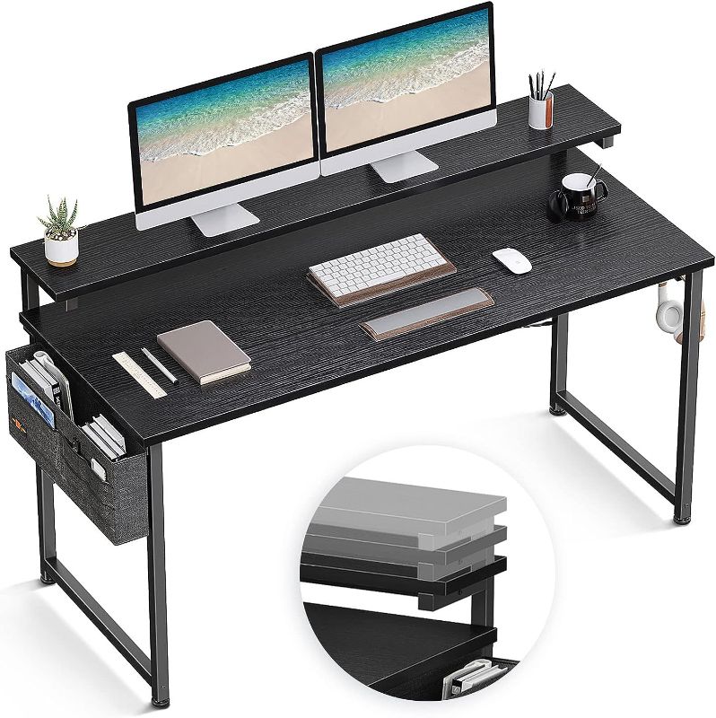 Photo 1 of ODK Computer Desk with Adjustable Monitor Shelves, 55 inch Home Office Desk with Monitor Stand, Writing Desk, Study Workstation with 3 Heights (10cm, 13cm, 16cm), Black
