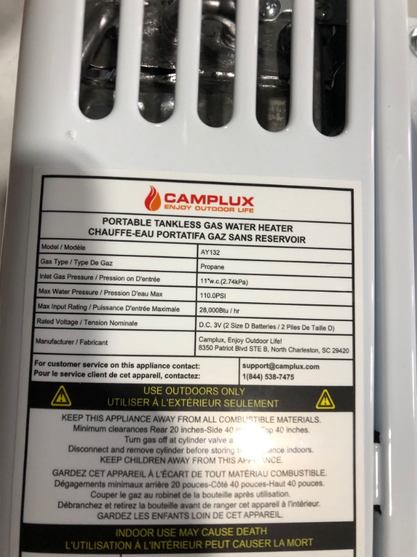 Photo 5 of ***UNABLE TO TEST***
CAMPLUX 5L 1.32 GPM Outdoor Portable Propane Tankless Water Heater with 12V 1.2GPM DC Water Pump 35PSI