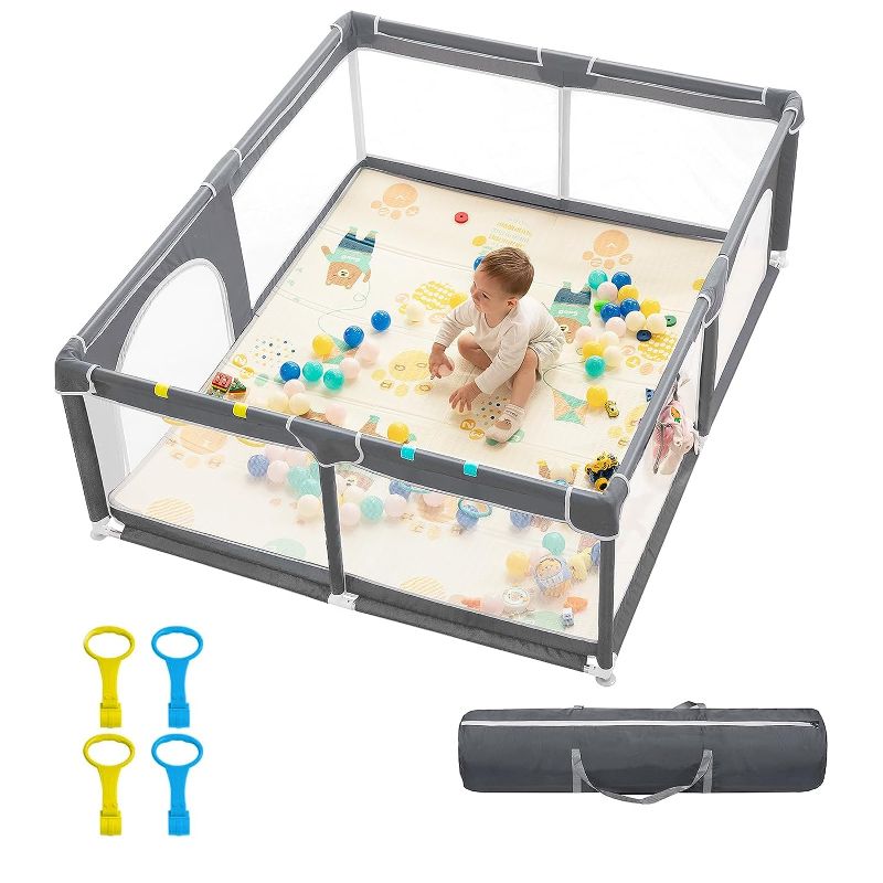 Photo 1 of 
Playpen,71"x59" Extra Large Playard for Babies & Toddlers with Gate, Toys 0-6 to 12 Months Baby Activity Center, Sturdy Safety with Soft Mesh (Gray)
Size:71x59 "
Color:Grey