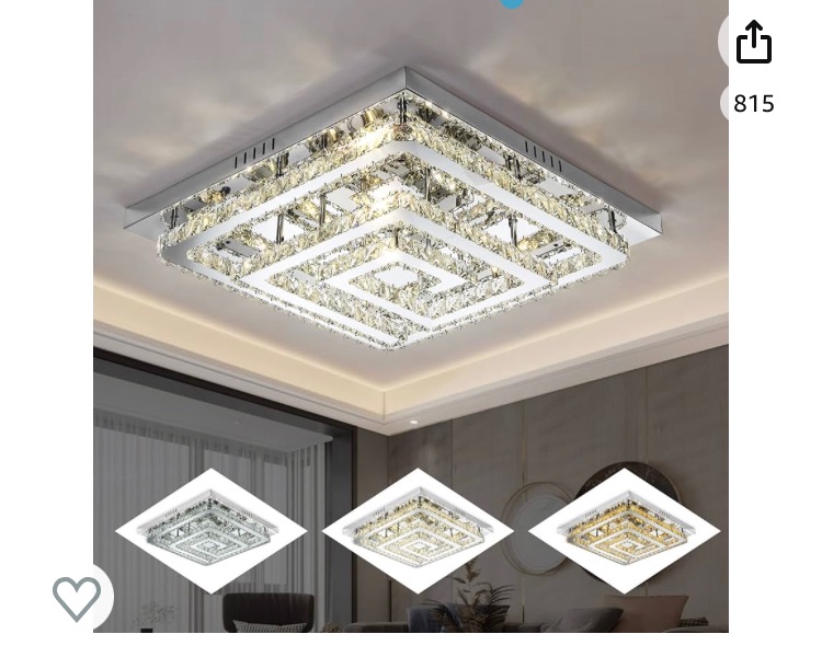 Photo 1 of 23" Large Elegant Crystal Chandelier, Modern Led 3 Color Dimmable Ceiling Light 2 Layers Square Flush Mount Ceiling Lamp for Bedrooms Dining Rooms Living Room Kitchen Staircase Hallway(Dimmable)