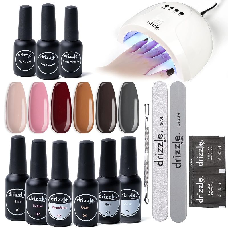 Photo 1 of DRIZZLE. BEAUTY Gel Nail Polish Kit with 24/48W UV LED Light Lamp Dryer, 6 Colors Gel Polish Starter Set with 3 Pcs Top Coat Base Gel 50 Pack Remover Pad Manicure Tools…