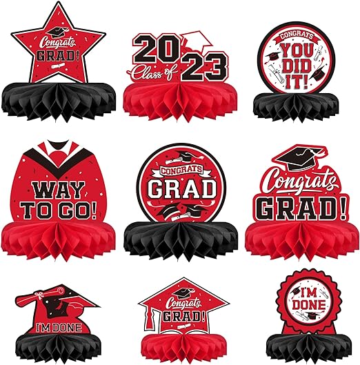 Photo 2 of 9PCS Graduation Party Decorations Class of 2023 Congrats Grad Table Centerpiece Congratulate Graduation Honeycomb Table Toppers for Graduation Party Supplies(Red,Black?
