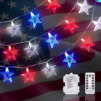 Photo 1 of 4th of July Decorations Red White and Blue Lights with 40 Led Big Stars, Battery Operated Independence Day Lights for Indoor Outdoor Home Garden Golf Cart Patriotic Theme Memorial Day Decorations
