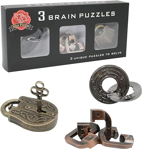 Photo 2 of Brain Teaser Puzzles, 3 in 1 Metal Disentanglement Unlock Puzzle Set for Adults and Kids (Classic Edition)
