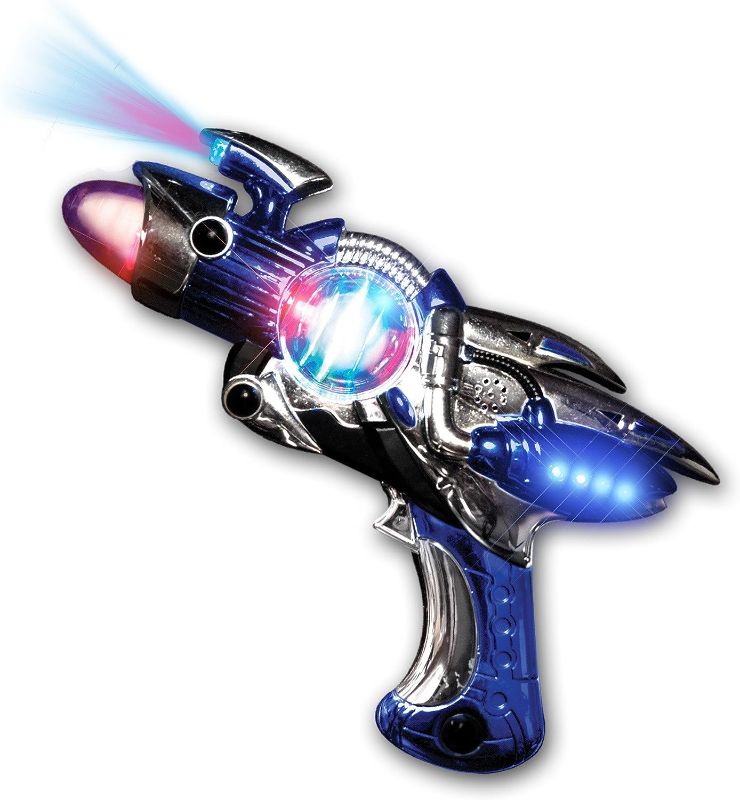 Photo 2 of Blue Light Up Space Toy Gun with Sound Effects and Spinning Multicolor LEDs
