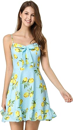 Photo 2 of Allegra K Women's Ruffle Bow Knot Mini Sundress Lemon Spaghetti Strap Dress
