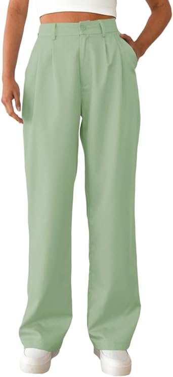 Photo 2 of Bnycuml Women's Casual Straight Trousers High Waisted Button Work Office Dress Pants with Pockets
