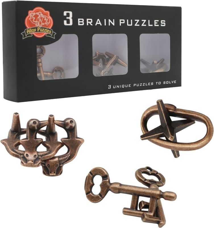 Photo 2 of Brain Teaser Puzzles, 3 in 1 Metal Disentanglement Unlock Puzzle Set for Adults and Kids (Standard Edition)
