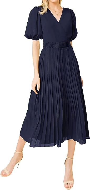 Photo 1 of BTFBM Women Casual Dresses 2023 Summer Boho Wrap V Neck Puff Short Sleeve Beach Party Flowy Pleated A-Line Maxi Dress
