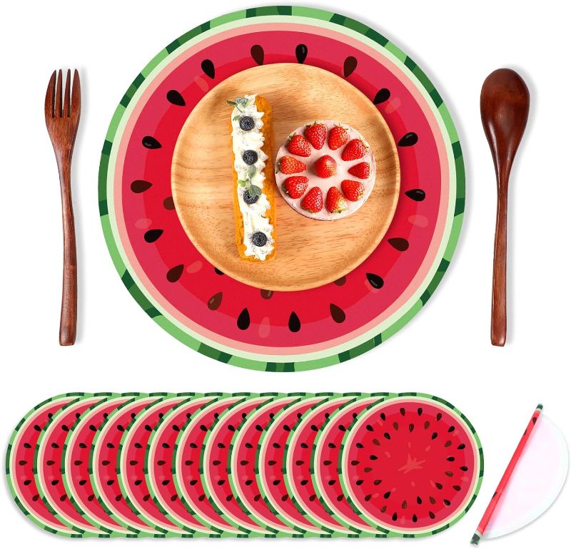 Photo 1 of **Set of 2** Rtteri 100 Pcs Disposal Watermelon Place Mats 12 x 12 Inches Watermelons Slices Paper Place Mats Summer Rd Fruit Round Paper Placemats BBQ Table Mat for Dinner Picnic Spring Summer Party Decorations
