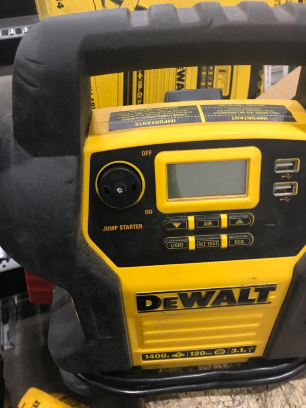 Photo 3 of unable to test    DEWALT DXAEJ14 Digital Portable Power Station Jump Starter: 1400 Peak/700 Instant Amps, 120 PSI Digital Air Compressor, 3.1A USB Ports, Battery Clamps , Yellow