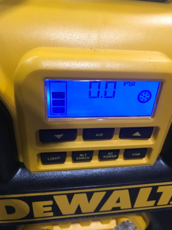 Photo 2 of DEWALT DXAEPS14 1600 Peak Battery Amp 12V Automotive Jump Starter/Power Station with 500 Watt AC Power Inverter, 120 PSI Digital Compressor, and USB Power , Yellow