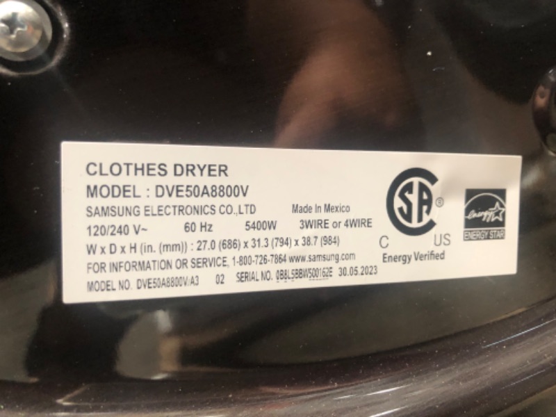 Photo 10 of Samsung DVE50A8800V 27 Inch Smart Electric Dryer with 7.5 cu. ft. Capacity, Wi-Fi Enabled, 19 Dry Cycles, 5 Temperature Settings, Steam Cycle, Energy Star Certified, SuperSpeed, VentSensor, Stainless Steel Drum, Drum Lighting, Wi-Fi Connection