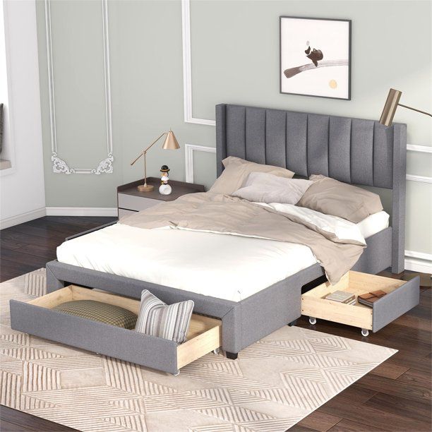 Photo 1 of **Minor Damage*SILILAR TO STOCK PHOTO** Full Size Upholstered Platform Bed with One Large Drawer in the Footboard and Drawer on Each Side, Bed Frame with Headboard for Bedroom, Bed Frame with Storage for Toddlers Kids Girls Boys, Gray

