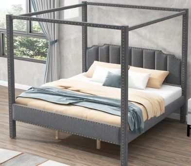 Photo 1 of *READ NOTES, BOX 2 OF 2*King Size Upholstery Canopy Platform Bed with Support Legs
