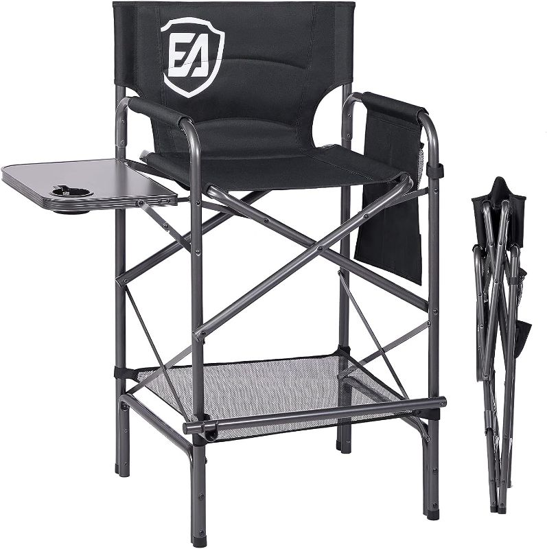 Photo 1 of EVER ADVANCED 30.7" Seat Height Directors Chair Folding Bar Stool Tall Foldable Chair for Makeup Artist with Side Table Cup Holder Easy Get in Out for Elderly Camping Chair Supports 350LBS(Black)
