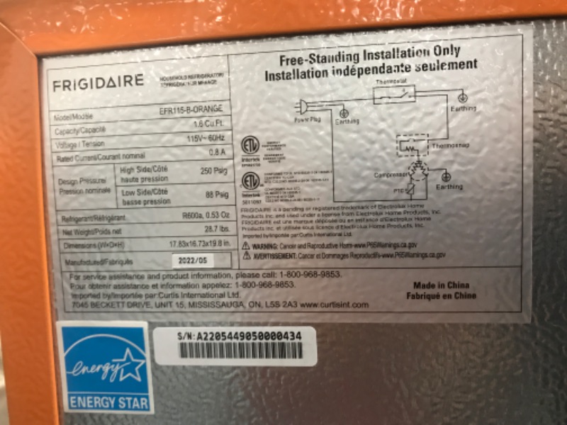 Photo 4 of * not functional * sold for parts * damaged *
 Frigidaire EFR115-ORANGE 1.6 Cu Ft Compact Fridge, Orange