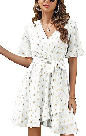 Photo 1 of Esobo Women Summer V Neck Polka Dots Ruffle Dress Short Sleeve A-Line Mini Wrap Dresses with Belt