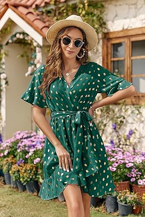 Photo 1 of Esobo Women Summer V Neck Polka Dots Ruffle Dress Short Sleeve A-Line Mini Wrap Dresses with Belt