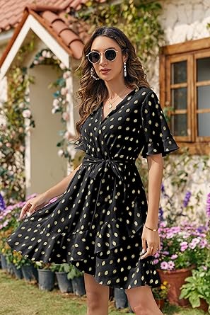 Photo 1 of Esobo Women Summer V Neck Polka Dots Ruffle Dress Short Sleeve A-Line Mini Wrap Dresses with Belt