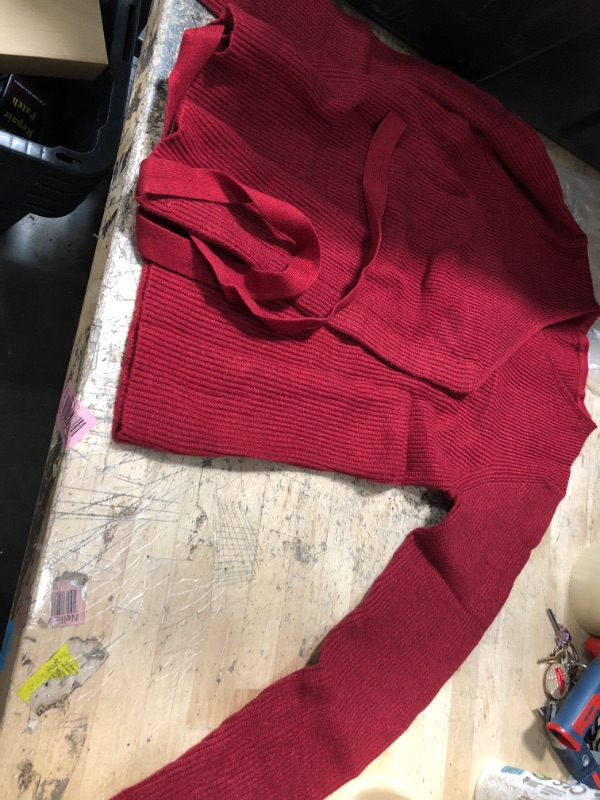 Photo 1 of Eurivicy Women's V Neck Wrap Sweater Long Sleeve Drawstring Knot Front Ribbed Knitted Jumper Tops BURGANDY SMALL