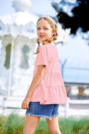 Photo 1 of Arshiner Girl's Peplum Tops Short Sleeve T Shirts for Girls Casual Tunic Tops Layered Hem Babydoll Peplum Blouse 9 YEARS