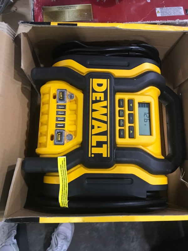 Photo 1 of MISSING CHARGER DEWALT DXAEPS14 1600 Peak Battery Amp 12V Automotive Jump Starter/Power Station with 500 Watt AC Power Inverter, 120 PSI Digital Compressor, and USB Power , Yellow