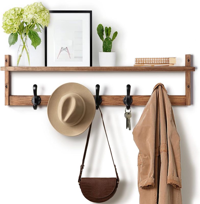 Photo 1 of (USED) Tatub 29'' Coat Rack Wall Mount with Shelf, Wood Wall Hooks with Storage, Entryway Shelf with 5 Hangers for Bathroom, Living Room, Bedroom, Rustic Brown
