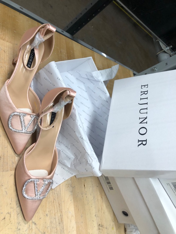 Photo 2 of ERIJUNOR Women Mid Heel Pumps with Rhinestone Brooch and Ankle Strap Satin Wedding Evening Party Shoes
size 10