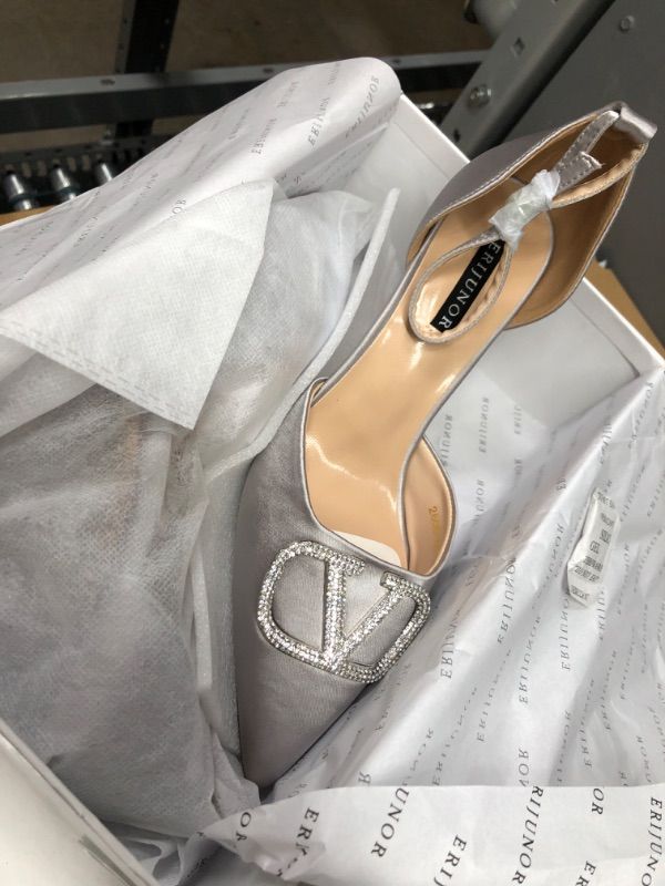 Photo 1 of ERIJUNOR Women Mid Heel Pumps with Rhinestone Brooch and Ankle Strap Satin Wedding Evening Party Shoes
size 9
