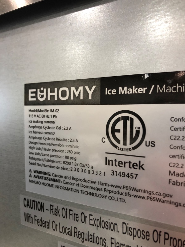 Photo 4 of (PARTS ONLY)EUHOMY Commercial Ice Maker Machine, 100lbs/24H Stainless Steel Under Counter ice Machine with 33lbs Ice Storage Capacity, Freestanding Ice Maker.
