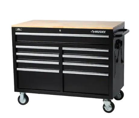 Photo 1 of 46 in. W x 24.5 in. D Standard Duty 9-Drawer Mobile Workbench Cabinet with Solid Wood Top in Gloss Black
