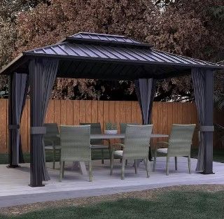 Photo 1 of *INCOMPLETE* VEIKOUS 14 ft. x 12 ft. Aluminum Double Hardtop Gazebo with Grey Curtains and Netting (4 BOXES OUT OF 5) 