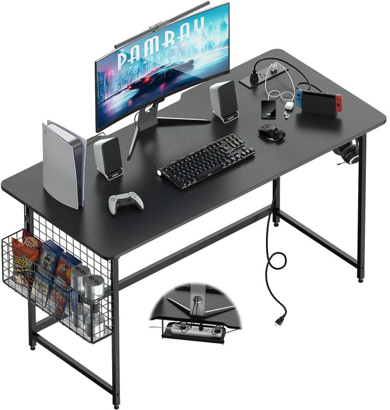 Photo 1 of Pamray 47 inch Computer Desk with Built-in Outlet & USB Charging Port Home Office Desk with Cable Trough and Under Desk Cable Management for Work and Gaming
