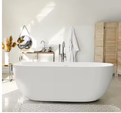 Photo 1 of 65 in. Oval Acrylic Freestanding Flatbottom Non-Whirlpool Bathtub With Polished Chrome Drain in Glossy White
