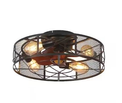 Photo 1 of 19 in. Indoor Black 6-Speed Flush Mount Caged Ceiling Fan with Light Kit and Remote Control
