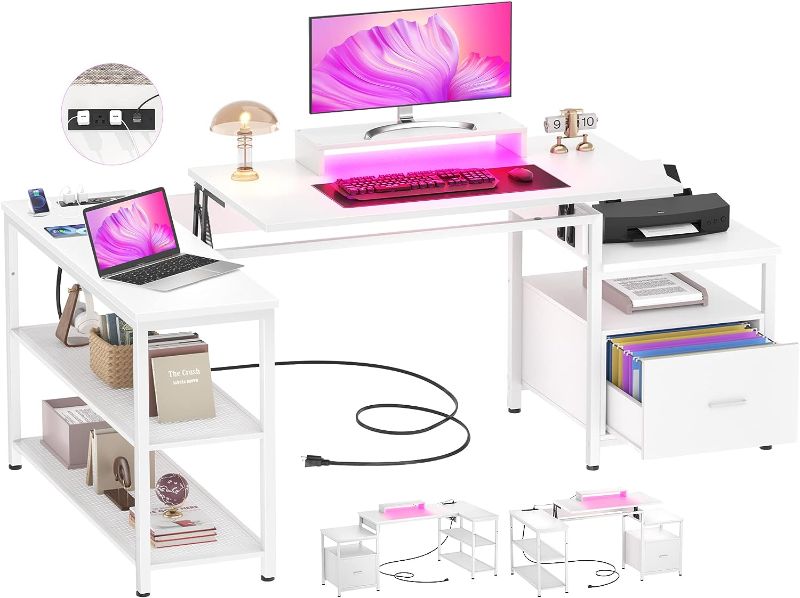 Photo 1 of Aheaplus L Shaped Desk with Power Outlet, Standing Home Office Desk with Lift Top and File Drawer, 63'' Corner Computer Desk with Monitor Stand&Printer Shelves, Gaming Desk with Led Lights, White
