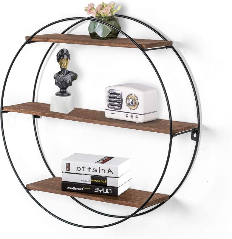 Photo 1 of  Wall Shelf Round Floating Shelves Sturdy Wood Metal Decorative Shelf for Living Room Bedroom Bathroom Kitchen Office (Dark Brown)