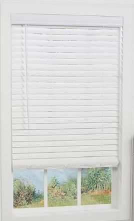 Photo 1 of allen + roth Trim at Home 2-in Slat Width 46-in x 48-in Cordless White Faux Wood Room Darkening Horizontal Blinds
