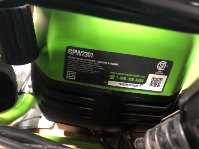 Photo 9 of * item used * functional * sold for parts *
Greenworks Pro 2300 PSI 2300-GPM-Gallons Cold Water Electric Pressure Washer